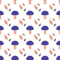 Seamless pattern with mushrooms and leaves on a white background. Autumn forest print. Leaf fall and mushroom picking. Flat design. Bright colors - purple and beige. Harvest Food. illustration. vector