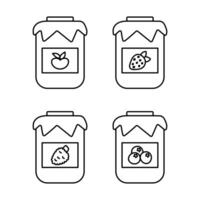 Set of jars with jam. Jam flavored with apple, strawberry, raspberry and blueberry. Sweet homemade food. Fruits and berries. Outline icons. No color for coloring book. illustration. vector