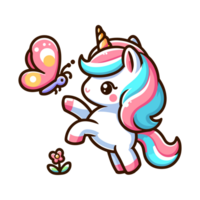 cartone animato carino unicorno giocando con farfalla icona personaggio png