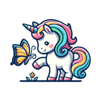 cartoon cute unicorn playing with butterfly icon character png