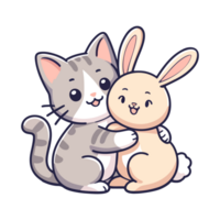 cartoon cute cat and rabbit hugging icon character png