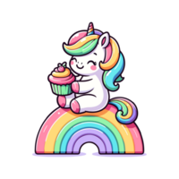 dessin animé mignonne Licorne séance sur une arc en ciel et en mangeant gâteau icône personnage png