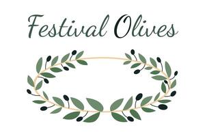 Wreath made of black olive branches and leaves. Postcard for the holiday Olive Festival in Spain. Isolated object on a white background. Color image with text. illustration. vector