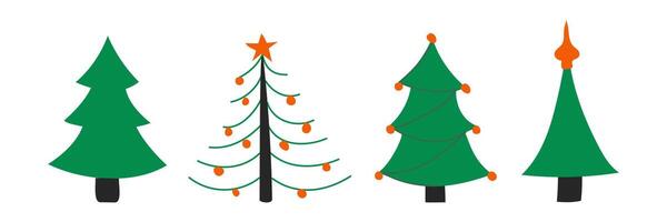 Set of drawn types of Christmas trees. Green decorated coniferous trees. New Year image. Christmas tree topper and balls. Children drawing. Isolated objects. illustration vector