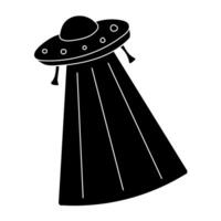 Black Silhouette of a Flying Saucer with Light. Alien spaceship. Flight of an unidentified object. Invasion. Black and white image of space transport. Isolated object. illustration. vector