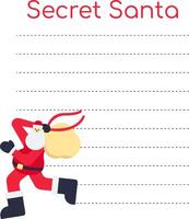 Secret Santa gift list template. Running character in a Santa Claus costume with a bag of gifts. Lines for writing. New Year and Christmas tradition. Vivid Color Image. Flat style. illustration vector