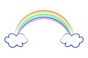 Rainbow between two blue clouds. Drawn with multi-colored crayons or pencils. Children drawing. Multi-colored arc. Childhood, childishness. Joy and positivity. Vibrant color image. illustration vector