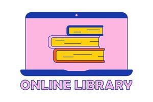 Online library. Monitor with Stack of Books and text. Learning, reading, studying. Internet e-books. Bright colors - pink, blue and orange. Retro style. Flat design with stroke. illustration. vector