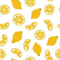 Pattern of lemons and slices on a white background. Citrus sour fruit. Yellow citron. Round piece and quarter. Scattered randomly. Hand drawn. Color image. illustration vector