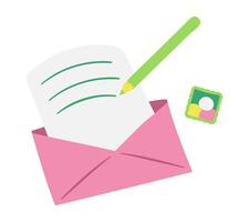 Write a letter and send it in an envelope. Postage stamp and pencil. Sending letter. Offline communication, friendly or love correspondence. Without people. Color image. illustration. vector