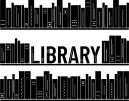 Silhouettes of Books on Shelves in the Library. Literature spines. Books folded into the word Library. Reading and learning. Black and white image. Interior sticker. illustration. vector