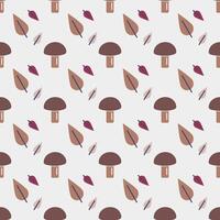 Seamless pattern with mushrooms and leaves on a white background. Leaf fall and mushroom picking. Autumn forest print. Flat design. Harvest Food. Solid colors - brown and beige. illustration. vector