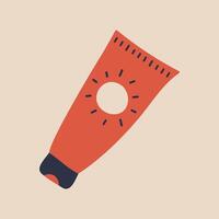 Doodle sunscreen. A tube of sun cream. Cosmetic packaging. Skin care. Hand drawn red tube. SFP protection. Sunblock. Image from Three colors. Isolated item. illustration. vector