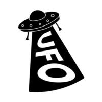 Silhouette of Flying Saucer with word UFO in light. Text theft. Flight of an unidentified object. Alien spaceship. Levitation. Invasion. Black and white image. Isolated space transport. illustration. vector