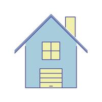 House facade with garage and chimney. Two-story Private home or cottage with a roof. Simple image. Property. Isolated object. Color illustration with outline - blue and yellow colors. icon. vector