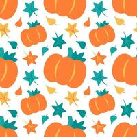 Pattern Pumpkin with Leaves on a white background. Autumn print with maple and oak leaves and Harvest. Vivid colors are orange, green and yellow. Flat design. illustration. vector