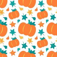 Pattern Pumpkin with Leaves on a white background. Autumn print with maple and oak leaves and Harvest. Vivid colors are orange, green and yellow. Flat design. illustration. vector