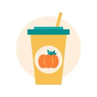 Glass with Pumpkin Latte. Autumn hot drink to go. Seasonal coffee with taste. Disposable cup with straw. Warm colors are yellow, green and orange. Isolated image. illustration. vector
