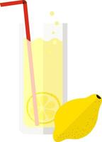 Glass of lemonade with lemon. Carbonated soft drink in a transparent tall glass with a straw. Citrus sour fruit and round piece. Bubbles. Flat design. Isolated object. illustration vector