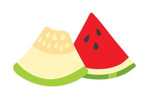 Triangular Pieces of watermelon and green melon. Quarter of melon and watermelon. Sweet pulp with seeds. Summer fruits. Juicy Food. Color image. isolated object. illustration. vector