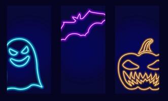 Collection of web banners for Halloween in neon colors. Ghost, bat, pumpkin. Symbols of the All Saints Eve holiday in the social network. Glow on dark background. Horror and fear. illustration vector