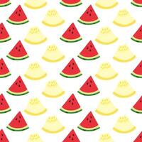 Pattern Pieces of watermelon and yellow melon. Triangle cut. Summer seamless pattern. Sweet fruits. Pulp with seeds. Juicy Food. Color image. isolated object. illustration. vector
