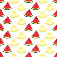 Pattern Pieces of watermelon and yellow melon. Triangle cut. Summer seamless pattern. Sweet fruits. Pulp with seeds. Juicy Food. Color image. isolated object. illustration. vector