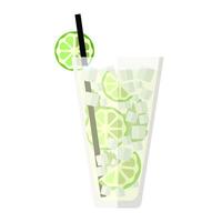 Glass with Mojito cocktail. Lime slices, mint leaves and ice cubes. Transparent tall glass with a straw. Cold alcoholic drink. Flat style. Colored isolated object. illustration. vector