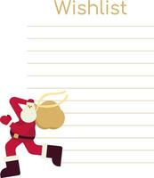 New Year wish list with Santa Claus. Christmas Blank template with stripes for list. Man runs with bag of gifts. Text wishlist. Fictional children character. Male Character. illustration vector