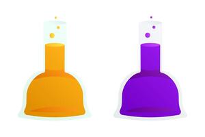 realista matraces con líquidos. químico prueba tubo con brillante sustancias con burbujas vaso envase. degradado colores - naranja, púrpura. experimentos, laboratorio. aislado objetos. ilustración vector