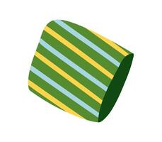 Striped pillow. Piece of bed and cozy interior. Angled view. Isolated object. Color image - green, blue and yellow. Flat style. illustration. vector