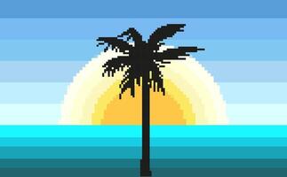 Landscape of the Ocean and the Sun with Palm Tree. Vaporwave. Black silhouette of a tropical tree. Color levels. Sunrise or sunset on the beach. Palm leaves. Game drawing. Nature. illustration vector