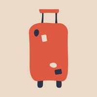 Doodle suitcase on wheels with a handle. Traveler's luggage with stickers. Red Travel Baggage. Image from Three colors. Isolated item. illustration. vector