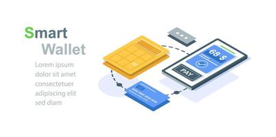 Smart wallet smartphone application for contactless internet payment counting and analyzing finance landing page isometric vector