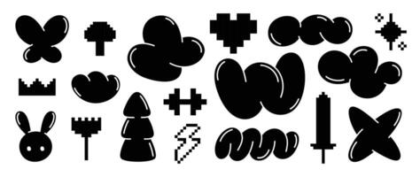 Set of y2k style elements . Hand drawn collection of heart pixel, fluffy, flower, rabbit, organic shape in black and white color. Design for print, cartoon, card, decoration, sticker. vector
