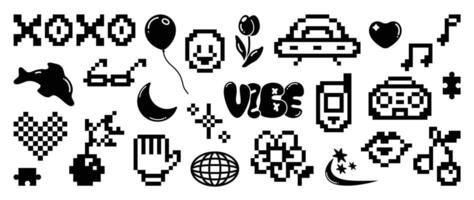 Set of y2k style elements . Hand drawn collection of heart pixel, fluffy, flower, dolphin, spaceship, organic shape in black and white color. Design for print, cartoon, decoration, sticker. vector