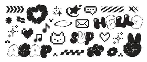 Set of y2k style elements . Hand drawn collection of heart pixel, fluffy, flower, rabbit, envelope, organic shape in black and white color. Design for print, cartoon, card, decoration, sticker. vector