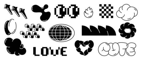 Set of y2k style elements . Hand drawn collection of fluffy, wireframe, text, flower, eye pixel, organic shape in black and white color. Design for print, cartoon, decoration, sticker. vector