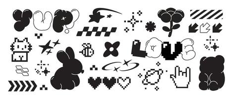 Set of y2k style elements . Hand drawn collection of heart pixel, fluffy, flower, rabbit, cat, bee, organic shape in black and white color. Design for print, cartoon, card, decoration, sticker. vector