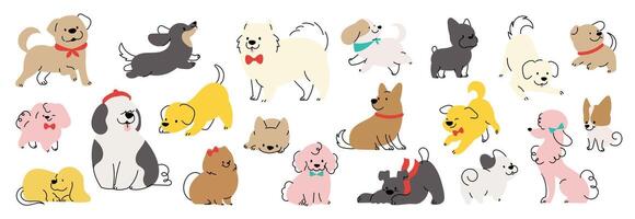 Set of cute dogs clipart . Lovely dog and friendly puppy doodle pattern in different poses and breeds with flat color. Adorable funny pet and many characters hand drawn collection. vector