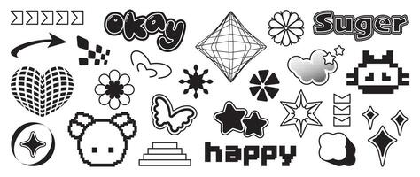 Set of y2k style elements . Hand drawn collection of fluffy, flower, butterfly, halftone, arrow, organic shape in black and white color. Design for print, cartoon, decoration, sticker. vector