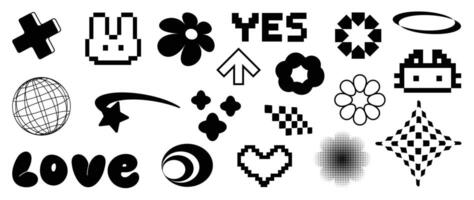 Set of y2k style elements . Hand drawn collection of fluffy, flower halftone, rabbit, heart pixel, organic shape in black and white color. Design for print, cartoon, decoration, sticker. vector