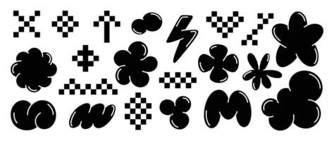 Set of y2k style elements . Hand drawn collection of heart pixel, fluffy, flower, thunderbolt, organic shape in black and white color. Design for print, cartoon, card, decoration, sticker. vector