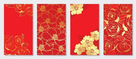 Happy Chinese New Year cover background . Luxury background design with golden rose flower, cherry blossom. Elegant oriental illustration for cover, banner, website, calendar, card. vector