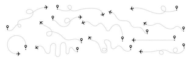 Plane flight path set. Airplane flying dotted line to destination collection. vector