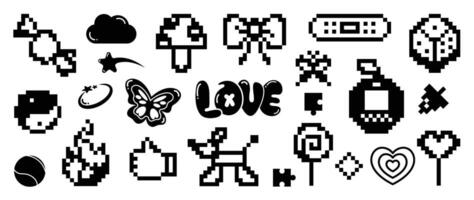 Set of y2k style elements . Hand drawn collection of heart pixel, fluffy, flower, dog, butterfly, ribbon, organic shape in black and white color. Design for print, cartoon, decoration, sticker. vector