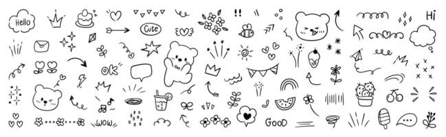 Set of cute pen line doodle element . Hand drawn doodle style collection of heart, arrows, scribble, flower, bear, speech bubble. Design for print, cartoon, clipart decoration, sticker. vector