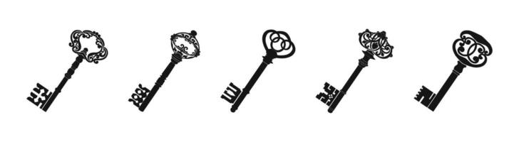 Vintage key silhouette. Old keys flat black set. vector