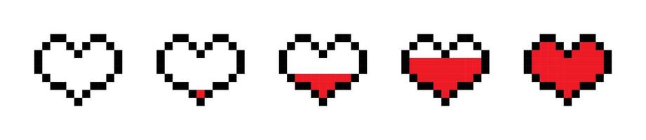 Pixel heart set. Health bar game design element. vector