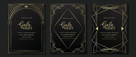 Luxury invitation card background . Elegant classic antique design, gold lines gradient on dark background. Premium design illustration for gala card, grand opening, art deco. vector